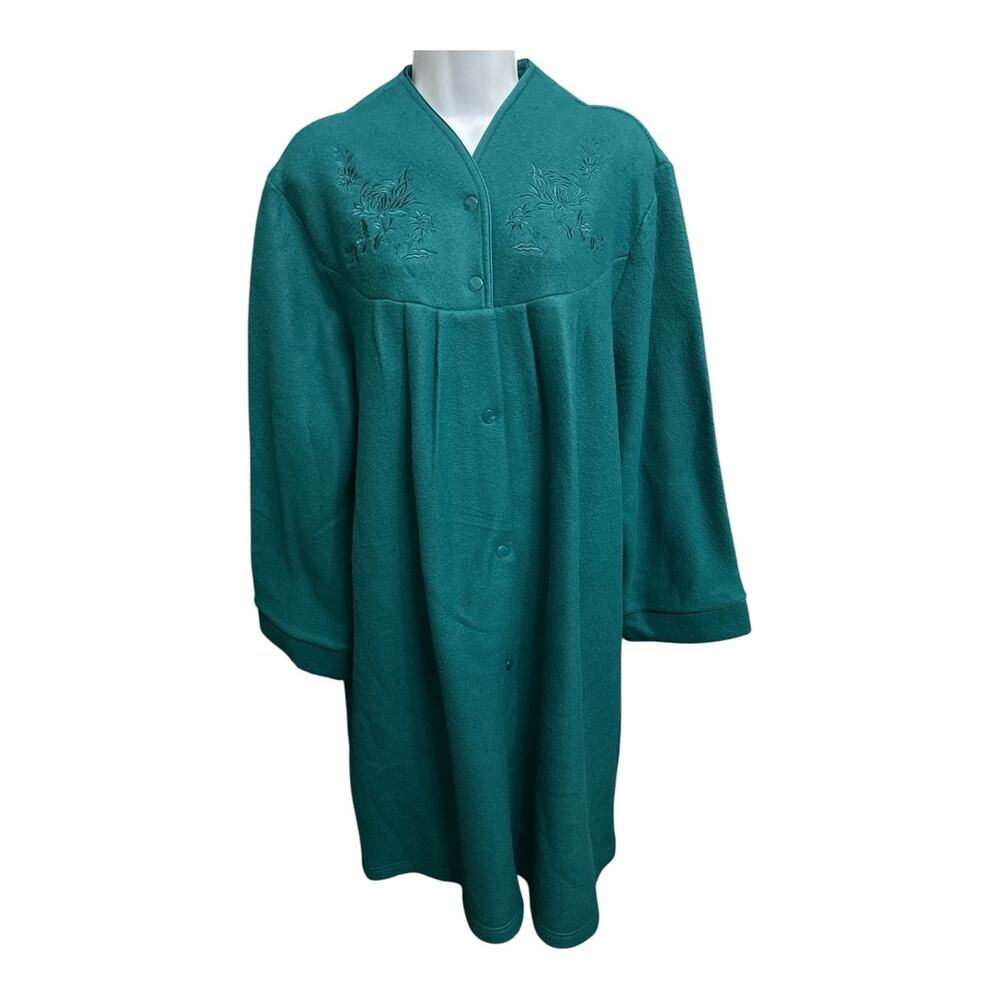 Miss Elaine Large Robe Emerald Green Embroidered Fleece Snap Front Knee Length